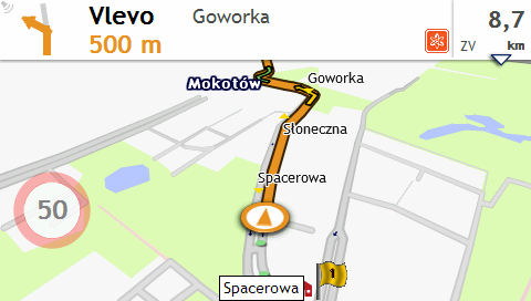 3. Vyberte cílový bod na obrazovce Cíl cesty. 4. Po dokončení klepněte na. 5. Na obrazovce Mapa se zobrazí vypočtená trasa v režimu simulace trasy.