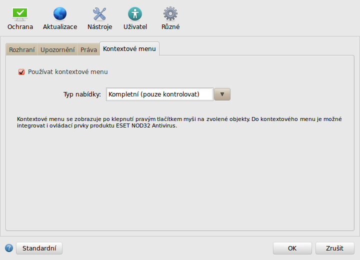 4.6.3 Kontextové menu Integraci kontextového menu můžete zapnout v okně rozšířených nastavení v sekci Uživatel > Kontextové menu označením možnosti Používat kontextové menu.