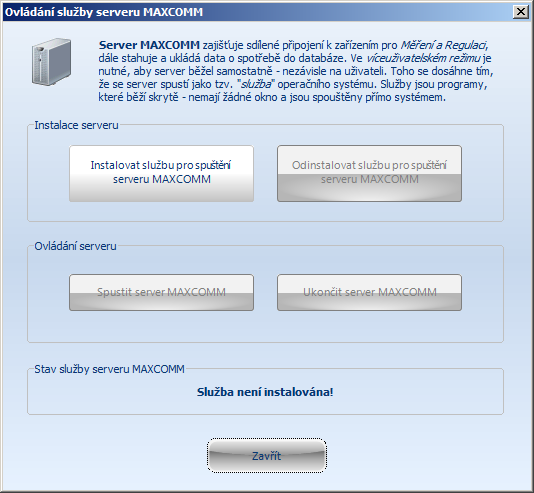 Následně klikněte na tlačítko Instalace a ovládání serveru Zobrazí se ovládání