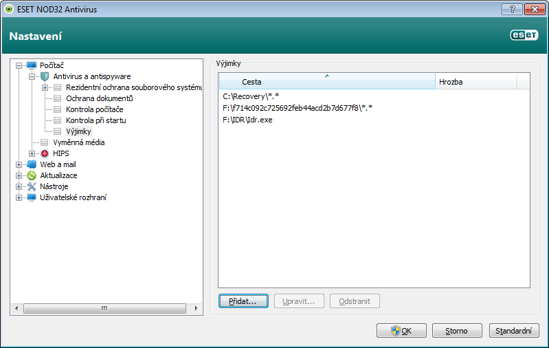 4.1.1.5 Výjimky Výjimky (pokročilé nastavení - klávesa F5 v hlavním okně programu, nabídka Počítač > Antivirus a antispyware > Rezidentní ochrana souborového systému > Výjimky) umožňují nastavit