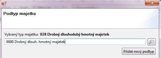 Pořízení dlouhodobého majetku 11 Obdobným způsobem se vybírá podtyp majetku. Podtyp majetku definuje uživatel sám v uživatelském číselníku.