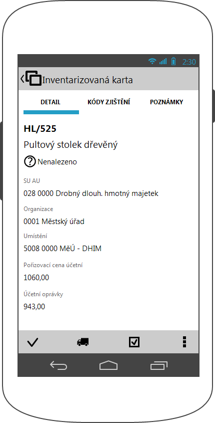 40 KEO4 Majetek Detail Tato záložka obsahuje nejdůležitější údaje z inventarizované karty. Pokud je údajů více, posuňte si obrazovku dotykem - přejetím prstem dolů.