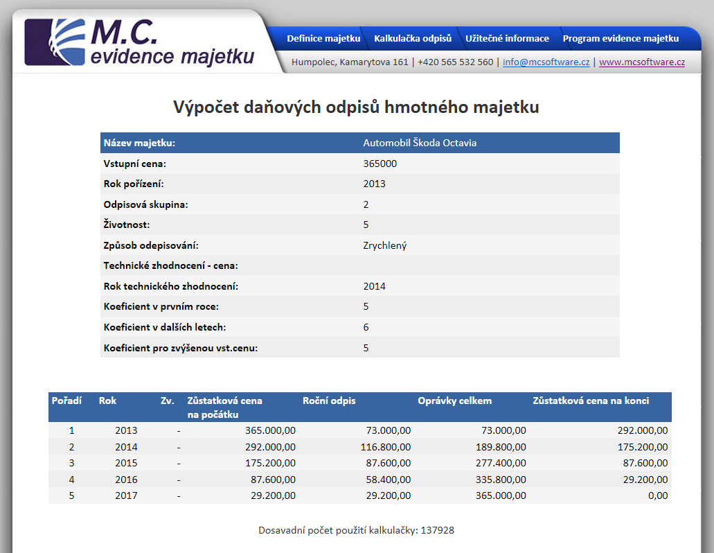 Užitečný odkaz - Kalkulačka odpisů majetku: Vytvořili jsme volně dostupnou kalkulačku odpisů majetku. Dostanete se sem snadno z našich webových stránek www.mcsoftware.