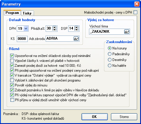 Nastavení Tato sekce programu je určena k úpravě základních parametrů programu, nastavení systémové tiskárny, vyplnění forem vydávaných dokladů a výběru aktuálního uživatele, skladu a závodu.