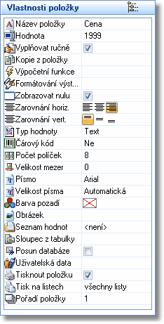Vlastnosti a možnosti položek 25 Zarovnání horiz. - finální zarovnání tisku (vlevo, na střed, vpravo) Zarovnání vert.