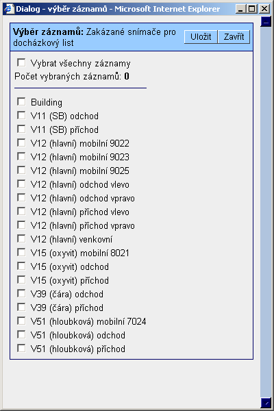 Obrázek 37: Formulář Výběr záznamů: Zakázané snímače pro docházkový list V tomto okně zatržítkem vybereme docházkové snímače, jejichž průchody chceme zakázat pro přepočítání průchodů v Docházkových