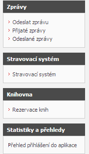 Dále zjistíme, ţe se aplikace člení do menu Index, Závěrečné zkoušky, OLAT, Nastavení, Informace k výuce, Zprávy, Stravovací systém a Knihovna.