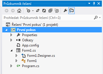 Ve vývojovém prostředí C# můžeme s těmito soubory manipulovat v okně Průzkumník řešení. Toto okno se standardně zobrazí v pravé části vývojového prostředí. 3.