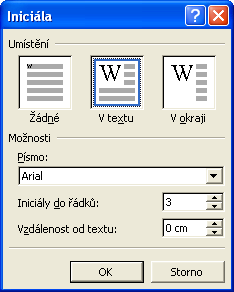 V dialogovém okně nastavíme parametry sazby (použitý font, počet řádek, které iniciála na výšku zabere, umístění iniciály vzhledem k levému okraji textu). Po stisknutí tlačítka OK se iniciála vysadí.