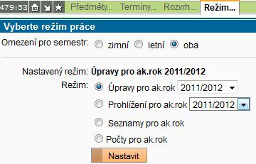 Termíny slouží k zapisování výsledků studentům, kteří se přihlásili k vypsaným termínům příslušné atestace; ve filtru se nejdříve vybere termín, a pak se postupuje stejně jako při zápisu