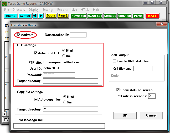 17. Nastavit online přenos Live Live Setup Target directory nastavit cestu, kam se budou soubory jednotlivých zápasů posílat zaškrtnout Activate OK, Pozn.