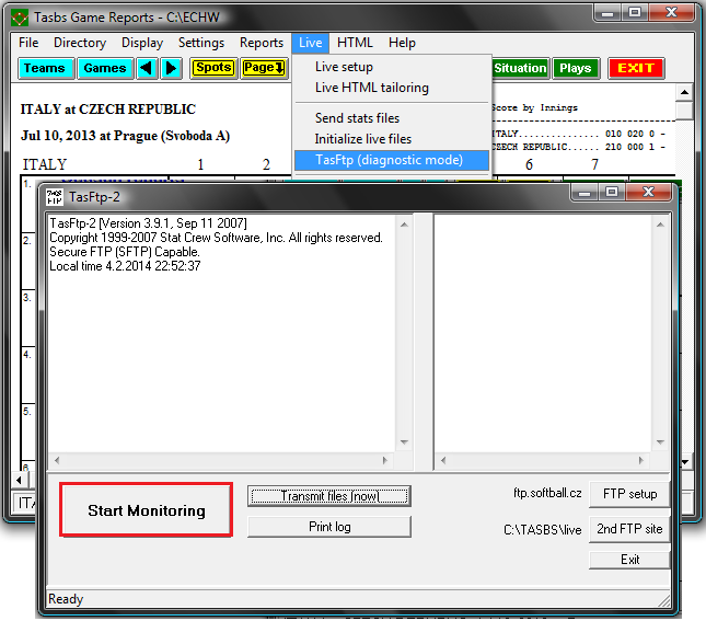 Tip: pro ujištění, že se data automaticky odesílají na FTP server, je dobré mít neustále otevřené okno s FTP: Game Reports Live Tasftp (diagnostic mode) OK Start Monitoring.