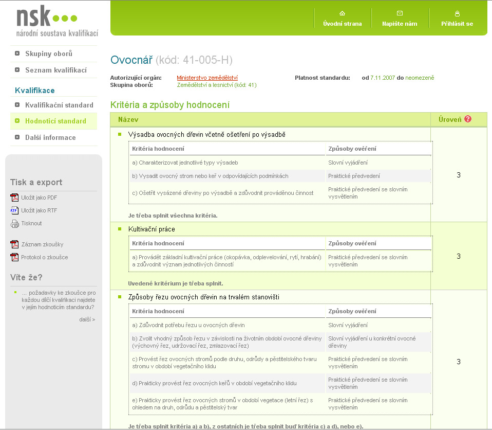 Kvalifikační a hodnotící standard dílčích kvalifikací Kvalifikační standard co mám umět Hodnotící standard jak to prokážu: soubor kritérií a způsobů ověřování 2 části: KRITÉRIA A ZPŮSOBY HODNOCENÍ