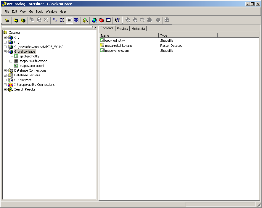 Příprava vektorizace založení datových souborů V prostředí ArcCatalogu máme vytvořený nový polygonový shapefile a můžeme s ním začít pracovat i v prostředí ArcMapu, kde budeme vektorizaci jako