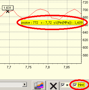 3.7.1.3. Popisky dat Najeďte kurzorem myši nad vybranou křivku až se změní kurzor myši na křížek. Poté klikněte na kolečko myši. Zobrazí se křížek s popisem. viz. obr.
