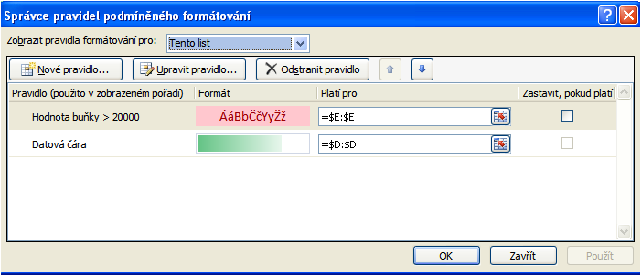 3. PODMÍNĚNÝ FORMÁT Obarvit buňky větší neţ X Úprava podmíněného formátu Smazání podmíněného formátu Označit buňky, které chceme formátovat karta Domů skupina Styly Podmíněné formátování Zvýraznit