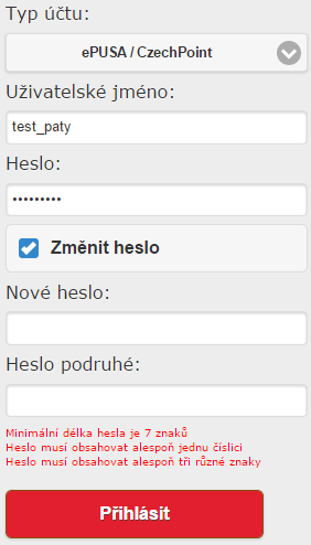 Přihlašovací formulář obsahuje: - Kolonku Typ účtu ve které je možnost volby. Pro vstup do většiny informačních systémů, použijeme účtu epusa/czechpoint.