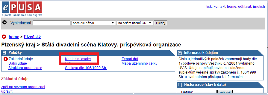 2.4. Stránka Kontaktní osoby. Seznam uživatelů organizace naleznete v menu Kontaktní osoby.