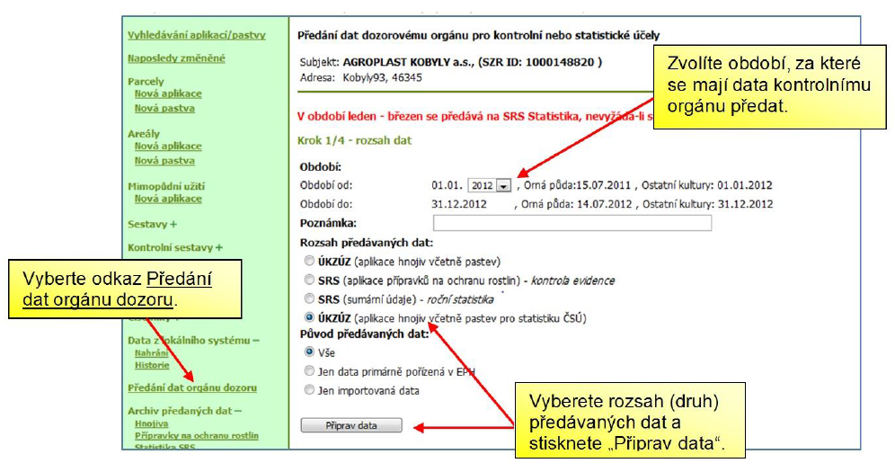 nebo Statistika hnojiv ČSÚ. Následně si z tabulky můžete zobrazit předaná data ve formátu Excel nebo Word.