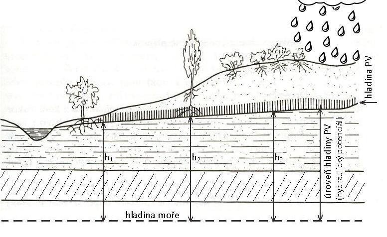 Pohyb podzemní vody Úroveň hladiny podzemní vody = hydraulický potenciál Spojnice bodů se stejnou nadm.