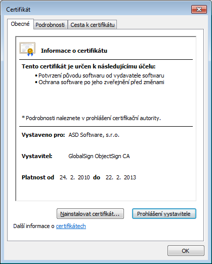 3. Zobrazí se okno Certifikát, klikněte na tlačítko Nainstalovat certifikát Pokud máte