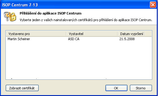 Pro instalaci se zobrazí okno s výběrem certifikátů pro přihlášení do aplikace.