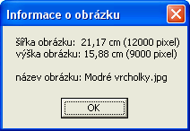 1.3 Informace o obrázku Po stisknutí klávesy I (i) se zobrazí malé informační okénko, jež uživateli ukáže rozměry obrázku, tj. šířku a výšku obrázku v centimetrech a v pixelech.