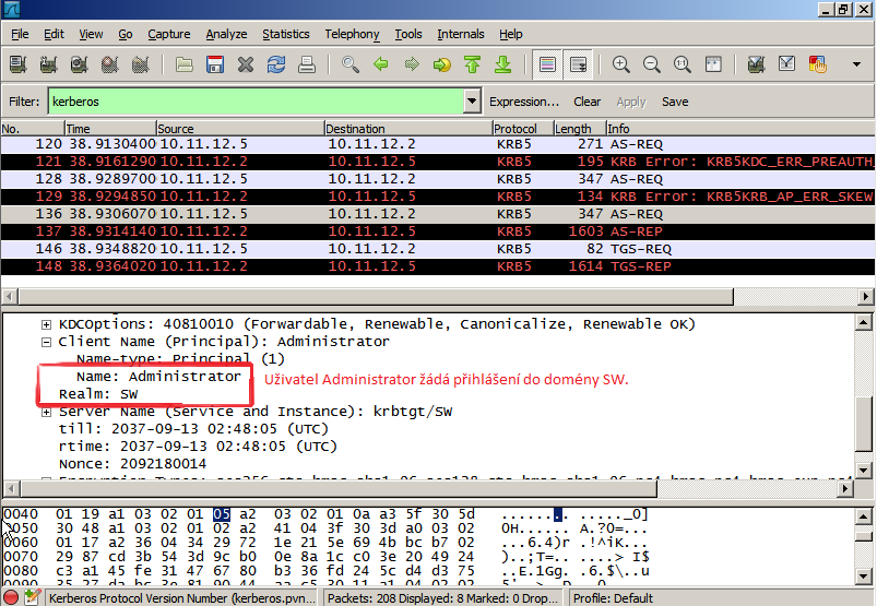 26. V programu Wireshark vyfiltrujte protokol Kerberos a prozkoumejte, jaké informace se