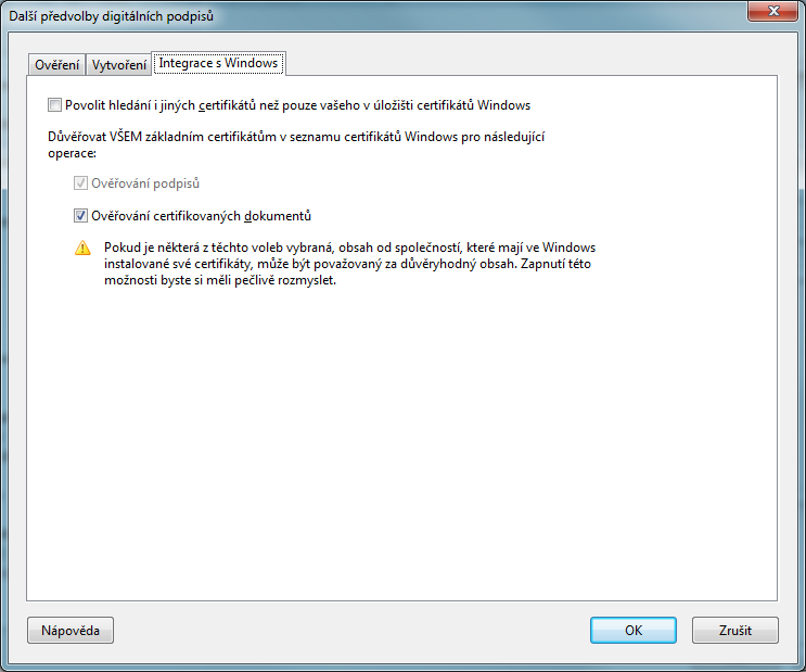 Obrázek 3 - nastavení "Další předvolby - Integrace s Windows 3. Prohlížení podepsaných dokumentů Otevřete podepsaný dokument. Adobe Reader nás nyní informuje o stavu podpisu u dokumentu.