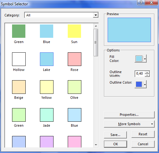 Dialogové okno pro nastavení základních parametrů pro plošné vrstvy: V sloupci Options nastavujeme barvu výplně (Fill Color), tloušťku obrysové linie