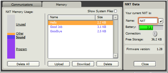 NXT Window Memory Grafický přehled o využité a volné části paměti Tlačítko pro vymazání všech zkopírovaných programů Tlačítko pro zkopírování programu z NXT kostky do PC
