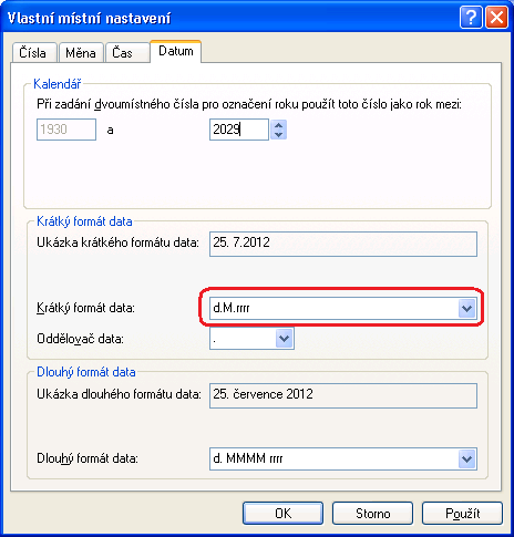 5) Přepněte se na záložku Datum a zde překontrolujte, zda nejsou u masky krátký
