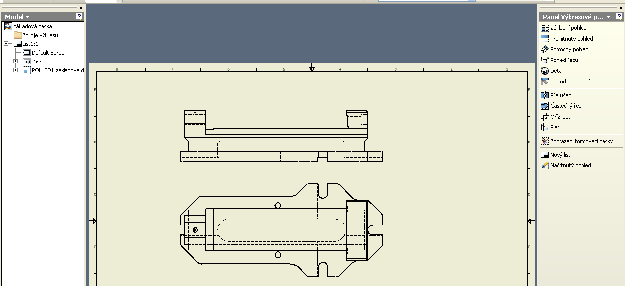 MODELOVÁNÍ NEROTAČNÍ SOUČÁSTI Generování 2D výkresu součásti Generování základních kolmých pohledů a řezů se v Inventoru provádí velmi elegantně a v podstatě automaticky.