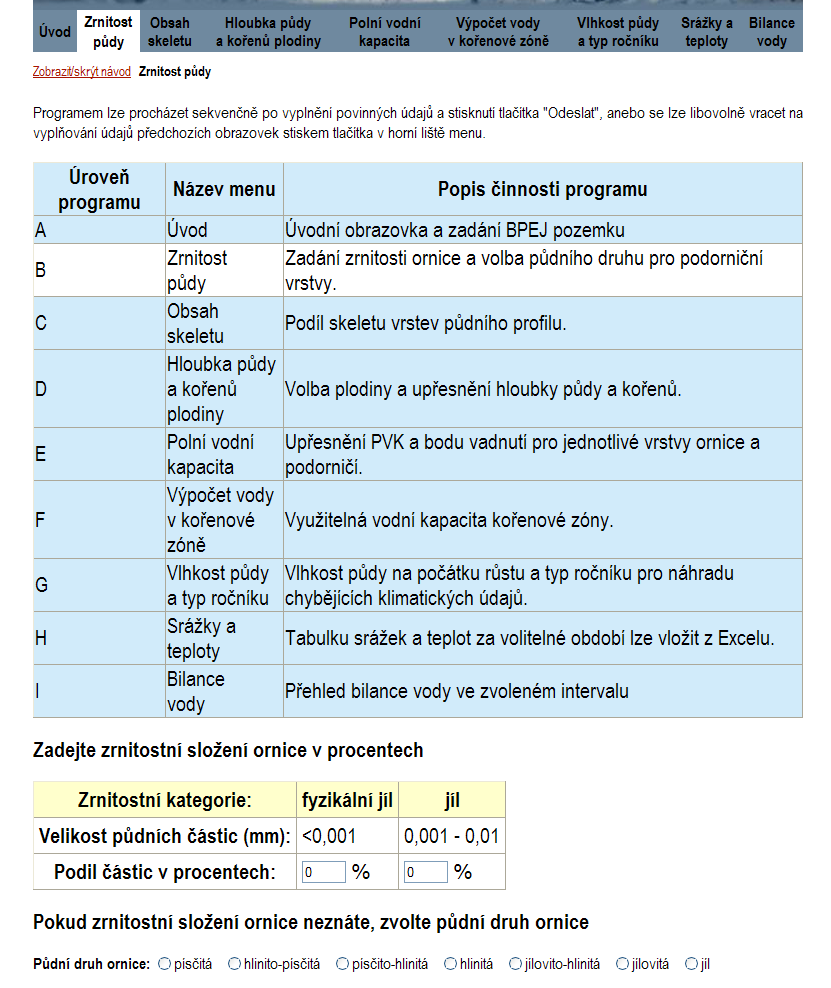 Obr. 9. Vstupní panel programu pro výpočet bilance vody. Na každé stránce je také možné zobrazit a zase skrýt mapu programu (vpravo). 3.1.