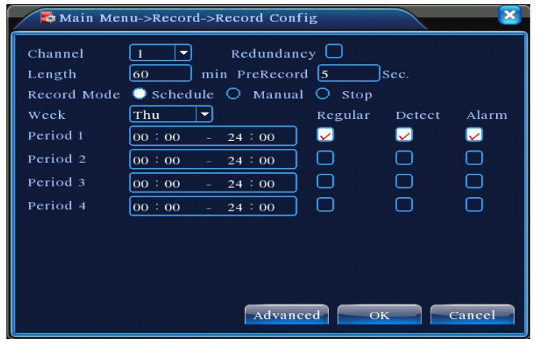 2.3 Nastavení nahrávání (Podle plánu) 2.3.1 Schedule Menu (Plánovací Menu) V hlavním menu, Record Record Config můžete měnit parametry pro plánované nahrávání, viz. Obr 2-5.