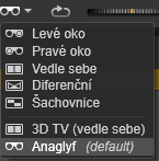 Pokud je video ve formátu 3D, ale tlačítko rozevíracího seznamu se nezobrazí, přejděte do části Úpravy a zvolte správné 3D nastavení. Další informace naleznete v tématu Úpravy na stránce 145.