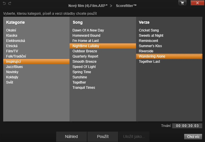 ScoreFitter Nástroj ScoreFitter aplikace Pinnacle Studio automaticky vytvoří hudbu na pozadí ve vámi vybrané kategorii.