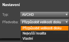 Export filmu na disk nebo do bitové kopie (obrazu disku): 1 Klikněte na kartu Disk. Zobrazí se následující: Kruh zobrazuje přehled o využití disku.