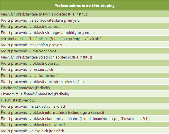 Řídící pracovníci - manažeři Vymezení skupiny povolání V klasifikaci ISCO-88 tvoří tuto skupinu povolání čtyři profesní skupiny na třetí úrovni klasifikace.