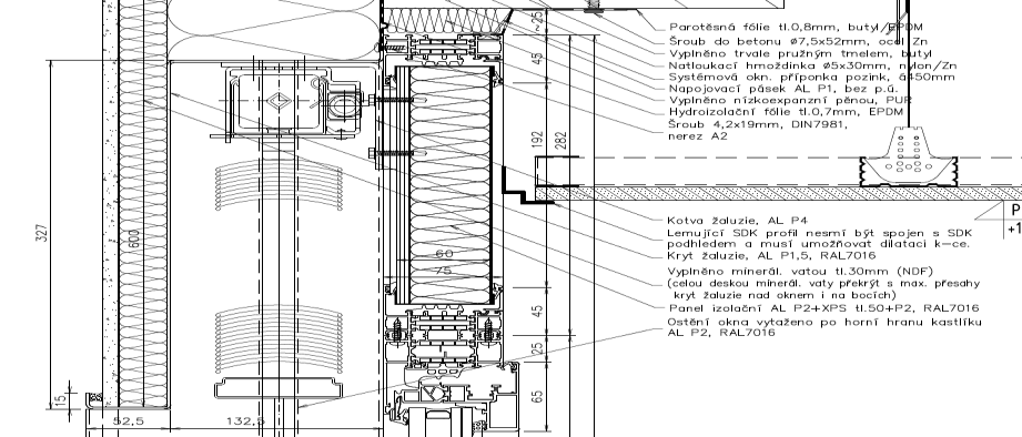 barvou v odstínu RAL 7016 včetně pohledových kazet a panelů.napojení fasády ke stavební konstrukci pomocí záklopů z pozinkovaného plechu tl. 1 2mm, nebo pomocí pohledových AL plechů tl.