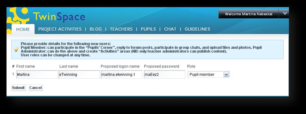 4.1 Přizvat žáka Klikněte na: Přidat žáky (Invite pupils). Objeví se stránka a Vy máte dvě možnosti. a) Pozvat žáka s již existujícím účtem tzn.