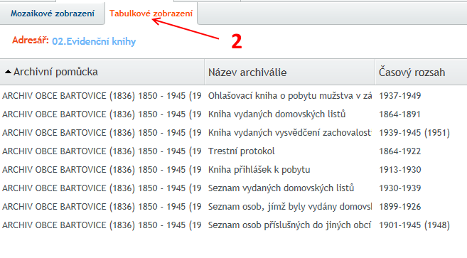 náhledy archiválií ve vybrané větvi) a tabulkovým