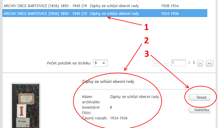 7 Zobrazení detailu vybrané archiválie tlačítko Detail Po kliknutí na vybranou položku v seznamu nebo na náhled v náhledovém zobrazení (1) se v dolním podokně zobrazí základní údaje o archiválii