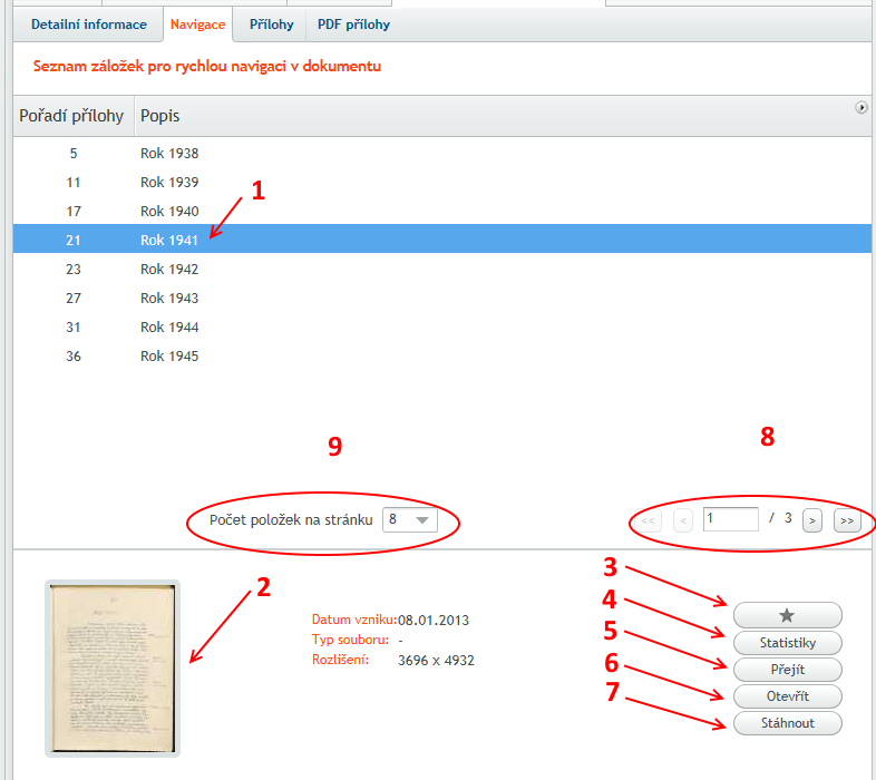 7.2 Zobrazení detailu vybrané archiválie záložka Navigace Vpravo, vedle záložky Detailní informace, se nalézá záložka Navigace.