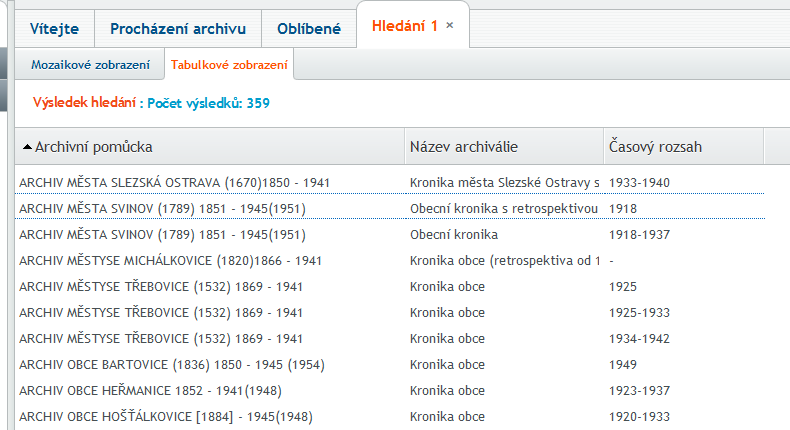 Takto vypadá výsledek prohledávání celé digitální badatelny, kde kritériem je, aby v názvu dokumentu bylo obsaženo slovo kronika :