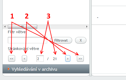 4.2 Navigační tlačítka Seznam archivních pomůcek ve větvi může být značně rozsáhlý, a proto je rozdělen do více stran, po nichž se uživatel může přesouvat pomocí navigačních tlačítek v levé dolní