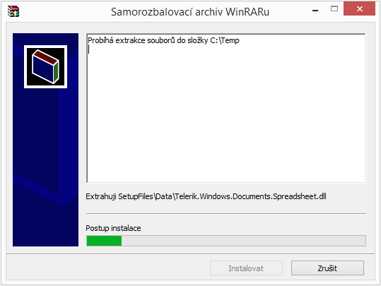Proběhne rozbalení archivu do zvoleného adresáře. Po úspěšném rozbalení archivu se automaticky spustí instalátor systému.