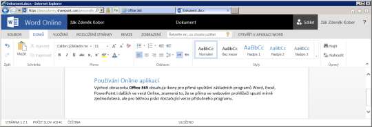 Dokončení nastavení služeb Microsoft Office Online Znovu se přihlas do systému Office 365 v internetovém prohlížeči, nyní už se zobrazí pouze volba "Spolupracujte přes Office Online" a "Instalovat