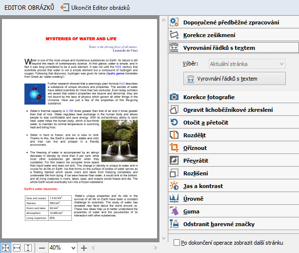 Levá část EDITOR OBRÁZKŮ obsahuje stránku dokumentu aplikace FineReader, která byla vybrána při otevírání Editoru obrázků. Pravá strana obsahuje několik karet s nástroji pro úpravu obrázků. 2.