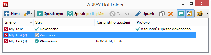 Hlavní okno nástroje ABBYY Hot Folder zobrazuje seznam nastavených úloh. U kaţdé úlohy se zobrazí úplná cesta k odpovídající sloţce Hot Folder, stejně jako aktuální stav a plánovaný čas zpracování.